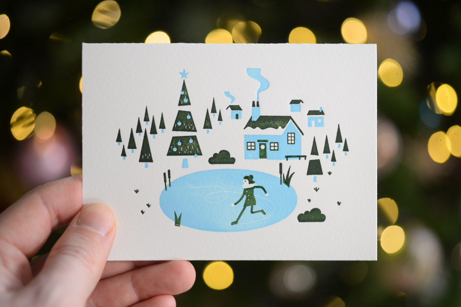 Letterpressed ice skater Christmas card